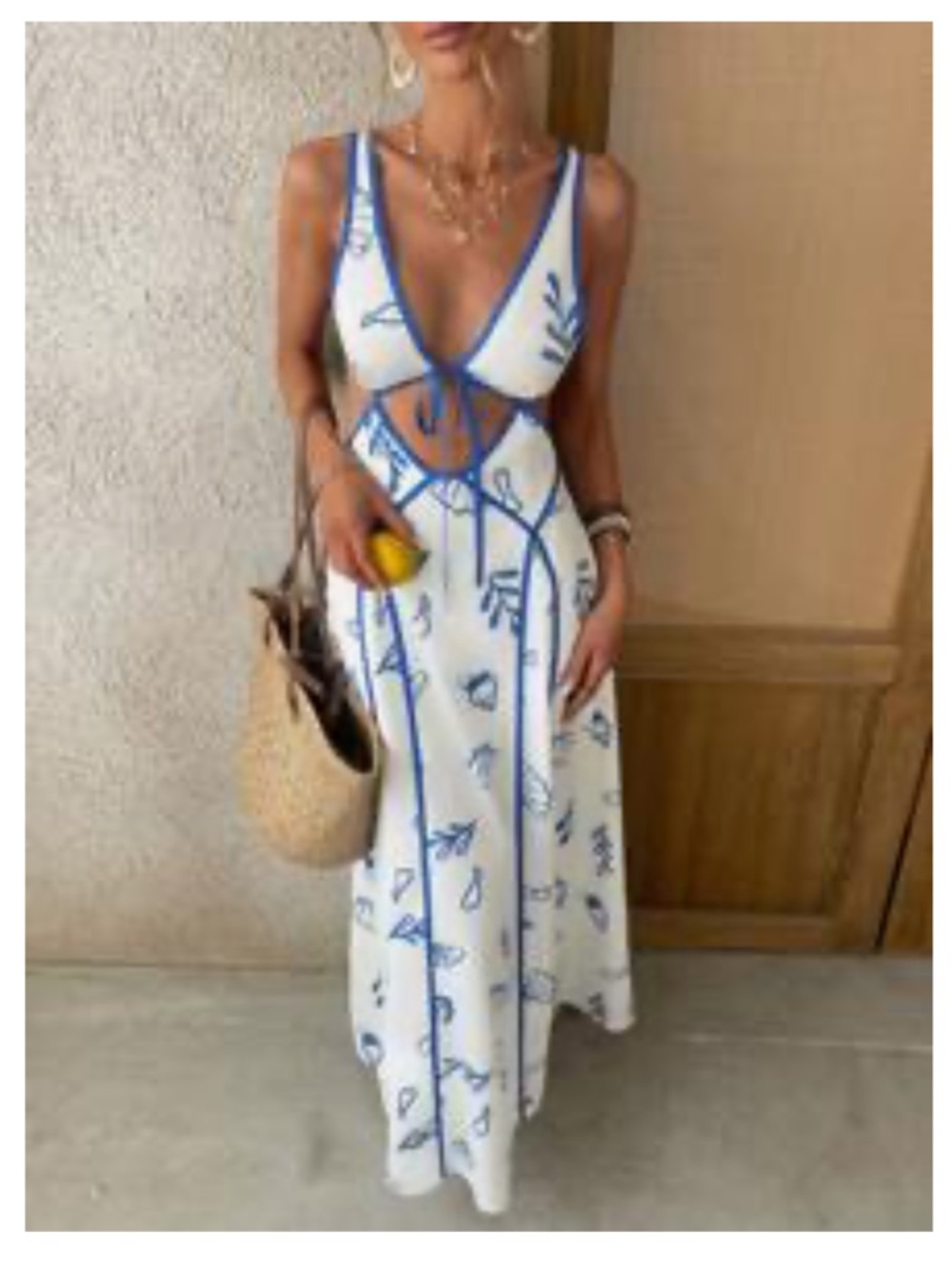 SHEIN White Maxi Dress with Blue Floral Trim and Cutout